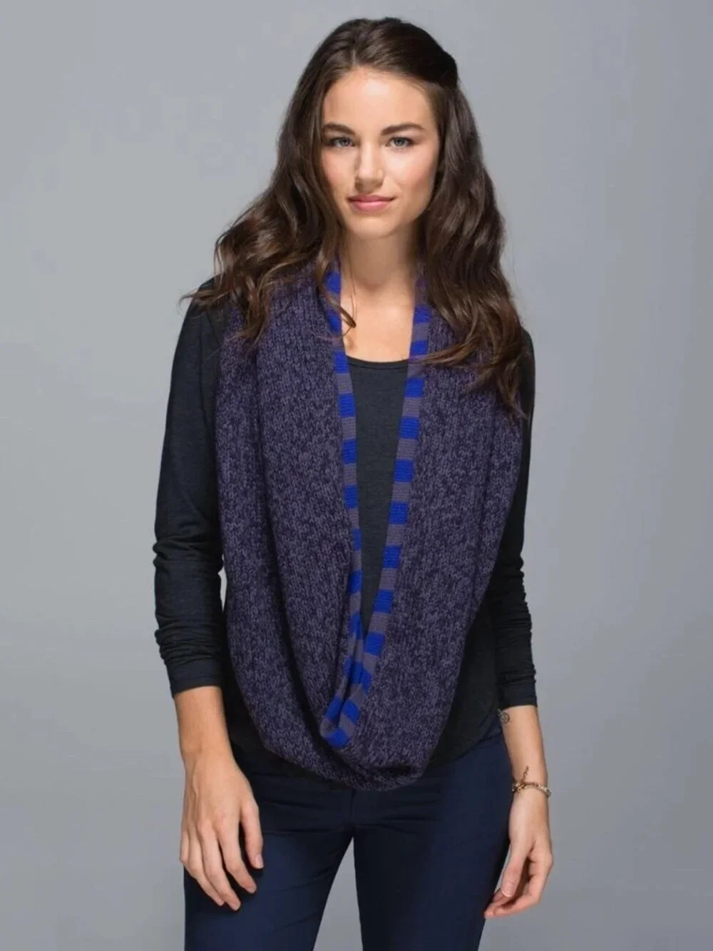 Lululemon Blissed Out Merino Wool Circle Scarf Black Grape Pigment Blue Stripe